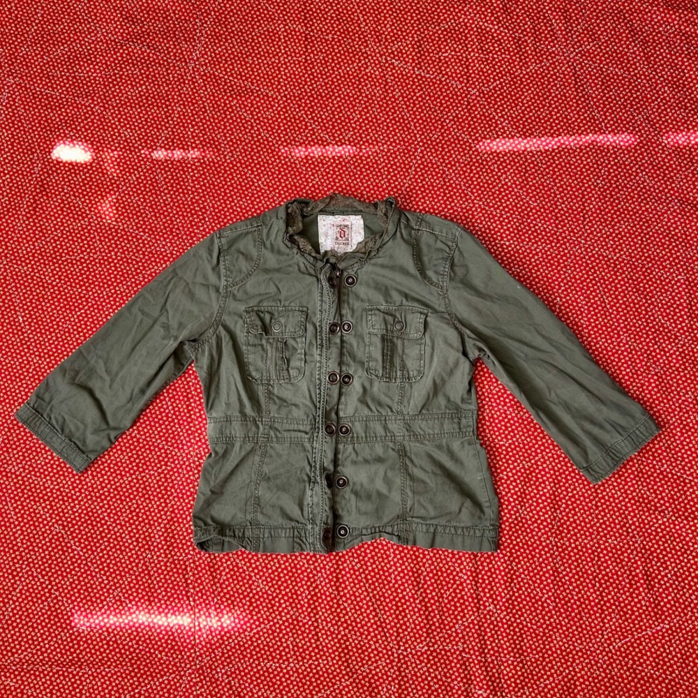 Decree Women 2000s Green Military Utility Jacket Lace Trim Full Zip Button S